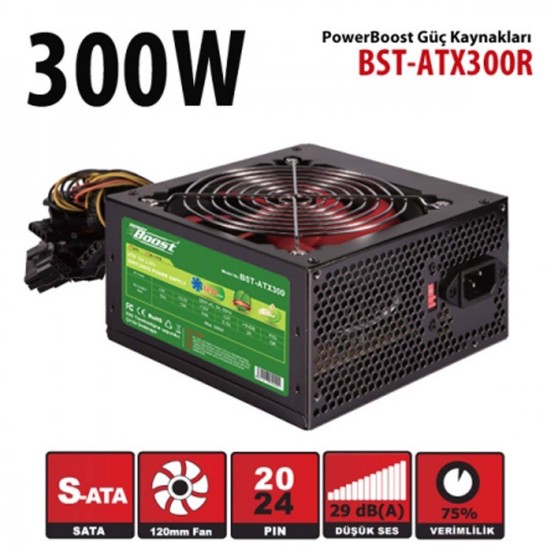 Power Boost BST-ATX300R 300w 12cm Red Fan Black ATX POWER SUPPLY (Retail Box)